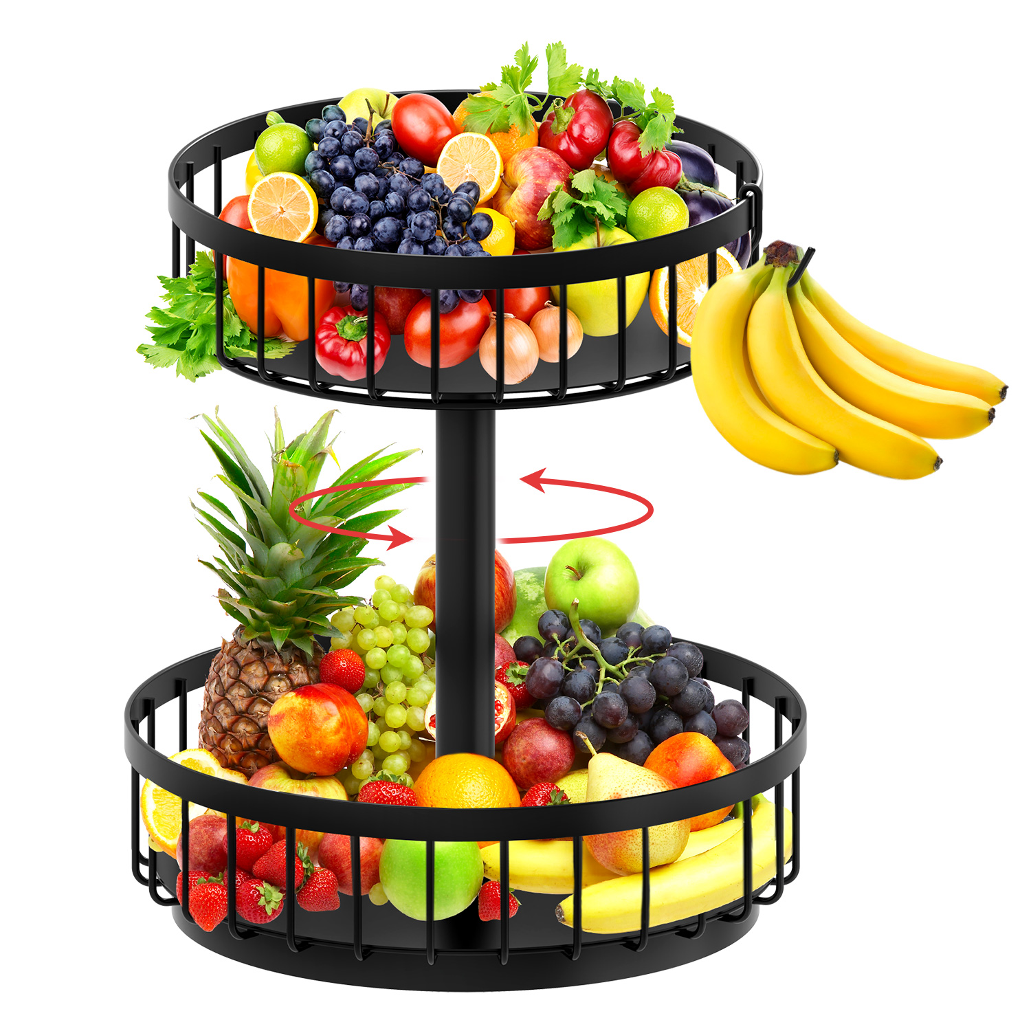 2 Layers Round Countertop Fruit and Vegetable Basket Bowl Storage Stainless Steel Revolving Spice Rack