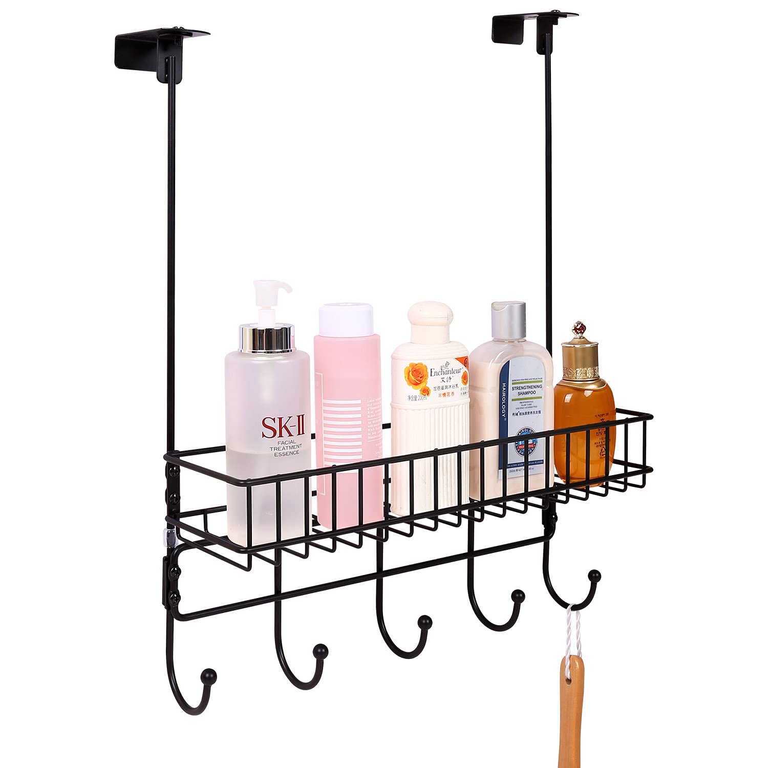 Clamp Adjustable Over the Door Hanger Storage Shelf with Basket, Built-in 5 Hooks Metal Rustproof for Bathroom Kitchen Office